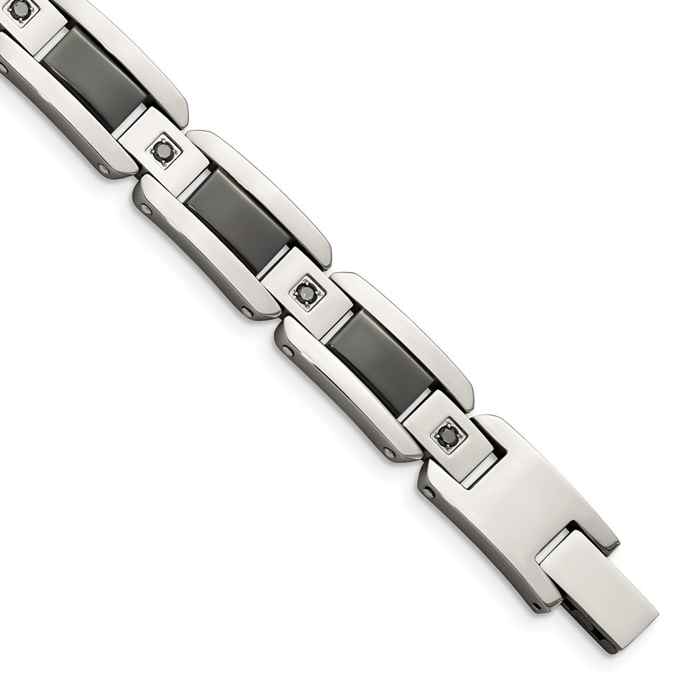 Stainless Steel Black Enamel & Black Diamonds 8.75in BraceletSRB915-8.75