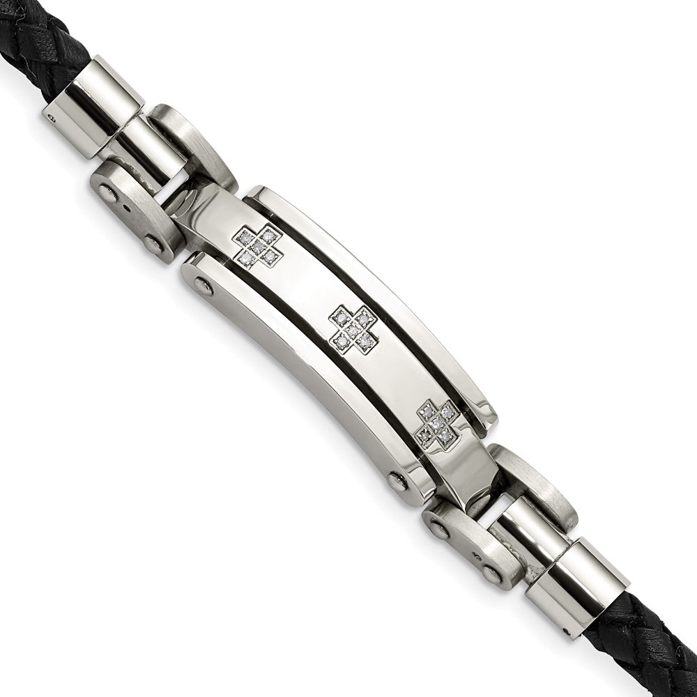 Stainless Steel Black Leather & Diamond Crosses 8.25in BraceletSRB921-8.25