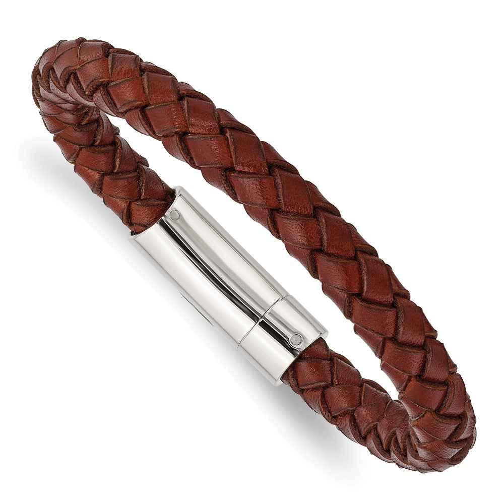 Stainless Steel Brown Leather 8.5in BraceletSRB979-8.5