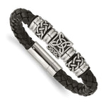 Load image into Gallery viewer, Stainless Steel Black Leather w/ Antiqued Beads 8.5in BraceletSRB980-8.5
