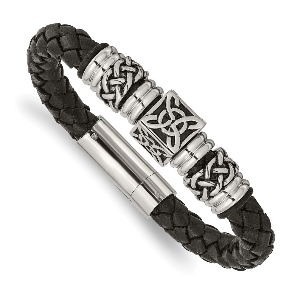 Stainless Steel Black Leather w/ Antiqued Beads 8.5in BraceletSRB980-8.5