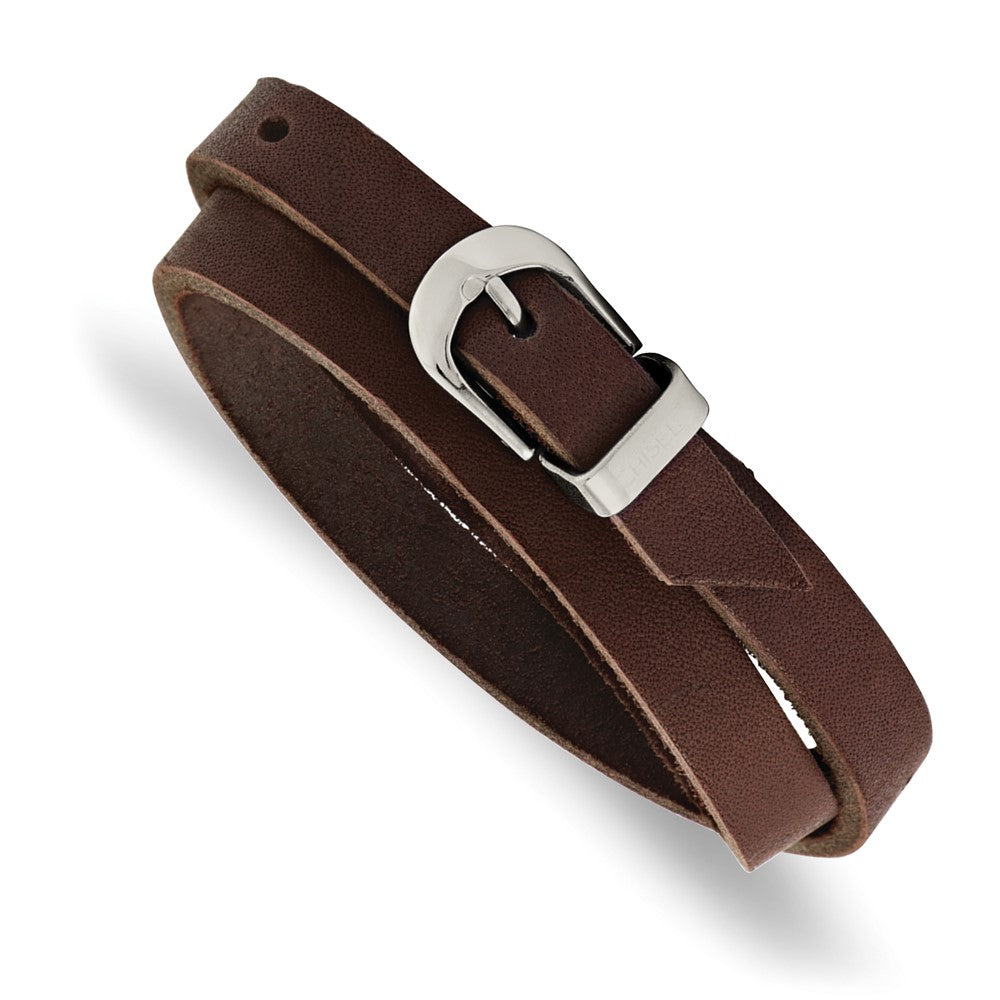 Stainless Steel Brown Leather Wrap BraceletSRB987-8.5