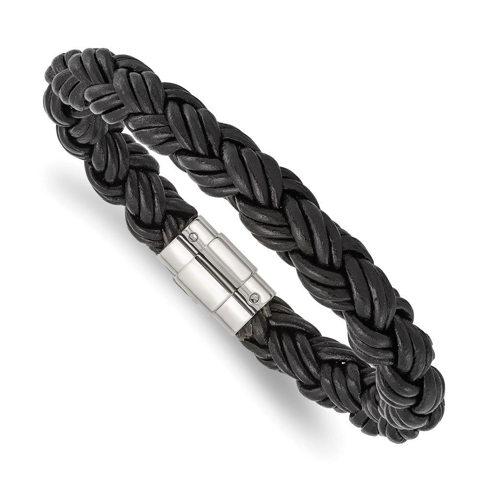 Stainless Steel Black Leather BraceletSRB999-8.5