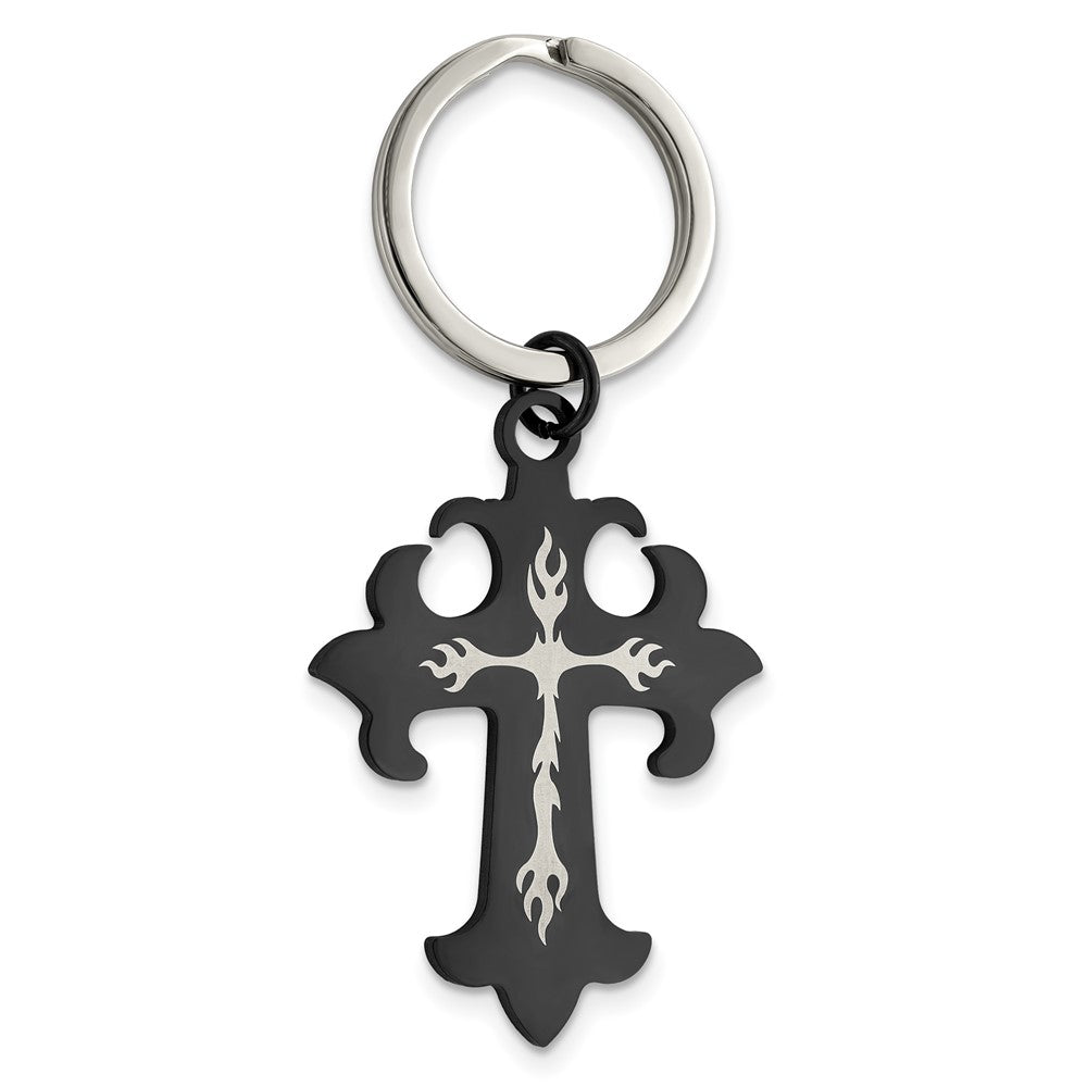 Stainless Steel Polished Black IP-plated Cross Key ChainSRK119
