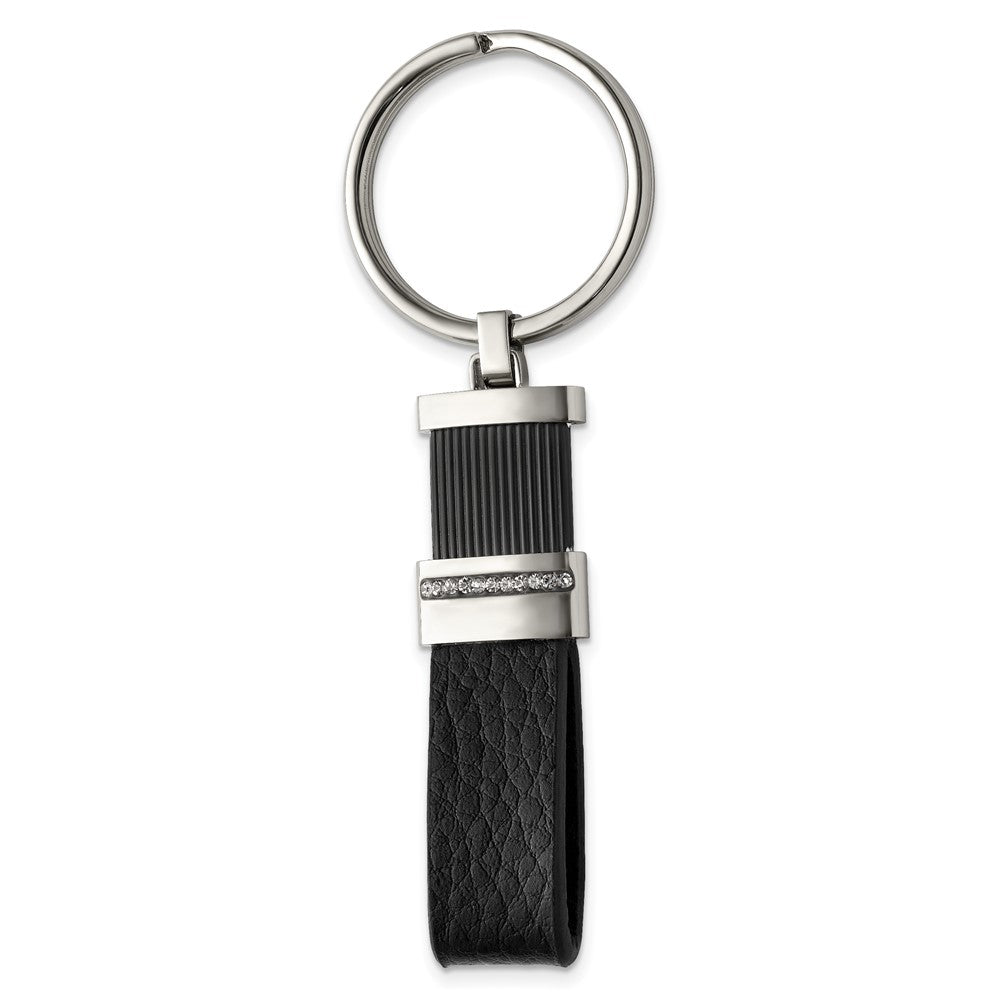 Stainless Steel Polished Black IP Black Diamond Preciosa Leather Key RingSRK180