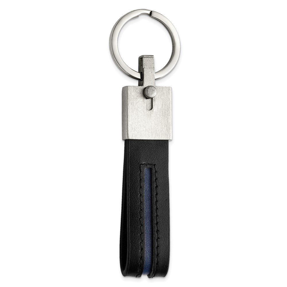 Stainless Steel Brushed with Removable Ring Blue/Black Leather Key RingSRK182