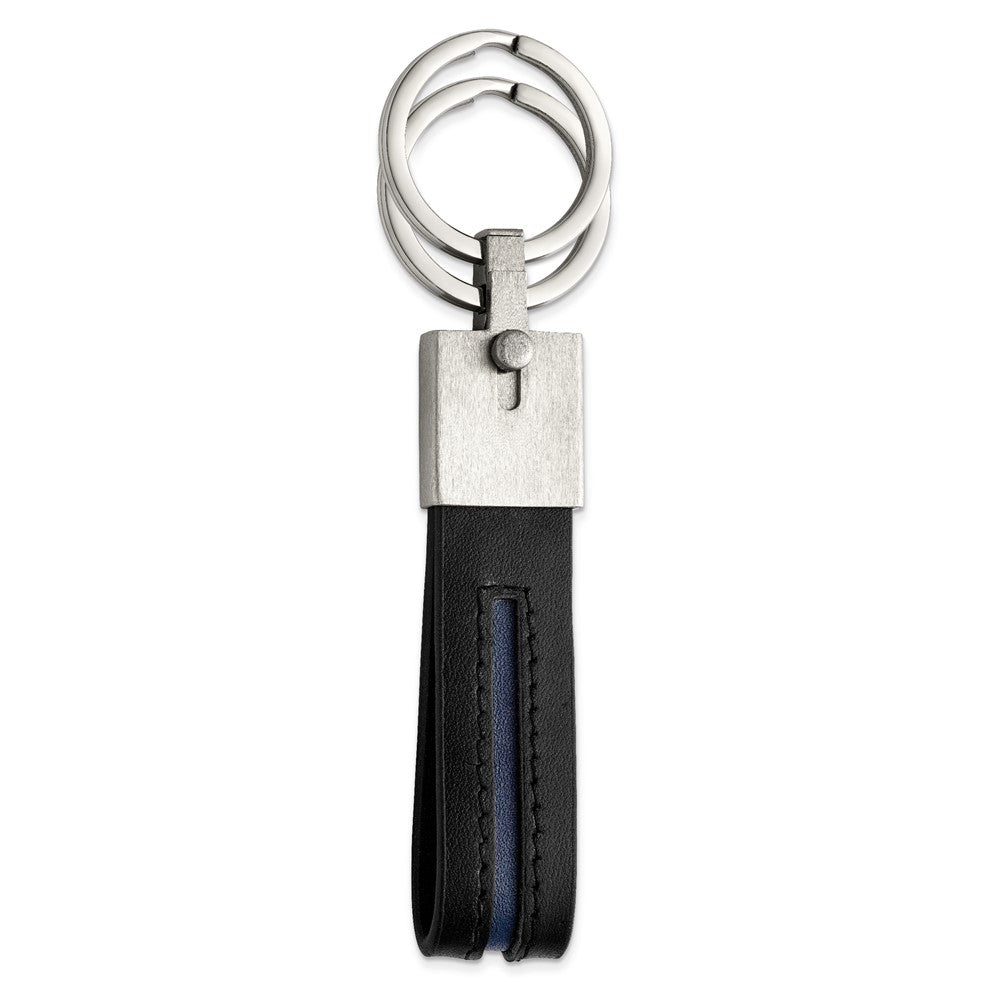 Stainless Steel Brushed with Removable Ring Blue/Black Leather Key RingSRK182