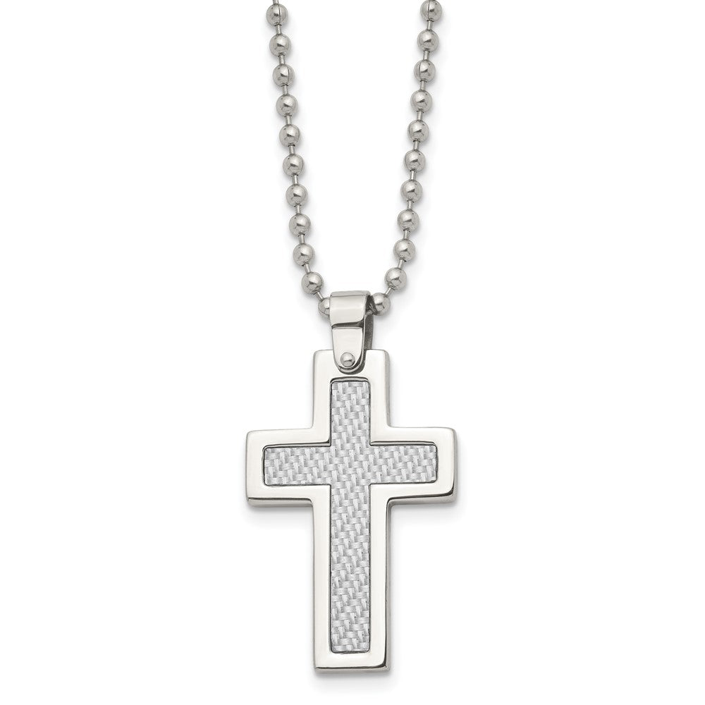 Stainless Steel Polished w/Grey Carbon Fiber Inlay Cross 22in NecklaceSRN101-22
