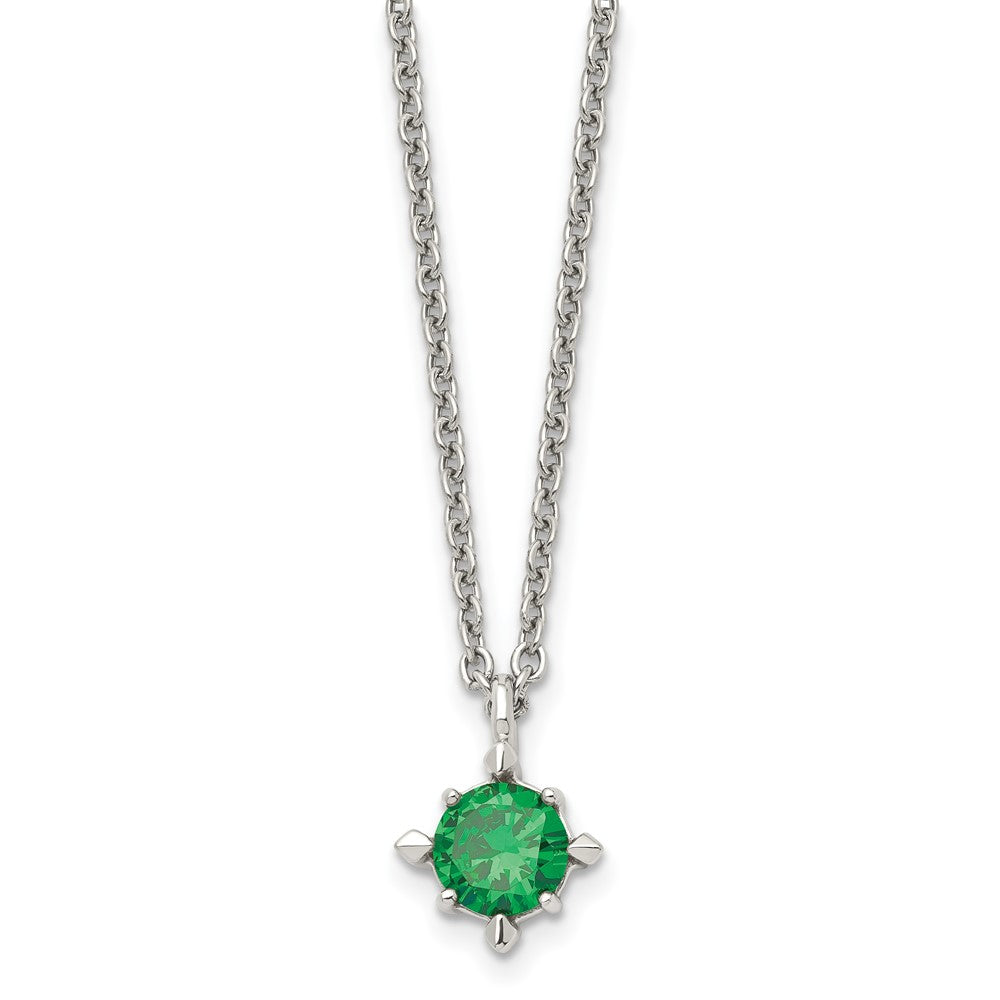 Stainless Steel Green CZ Pendant 18in NecklaceSRN1017-18