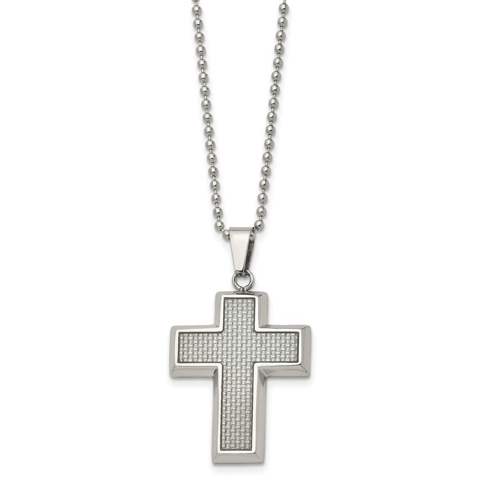 Stainless Steel Polished w/Grey Carbon Fiber Inlay Cross 22in NecklaceSRN103-22
