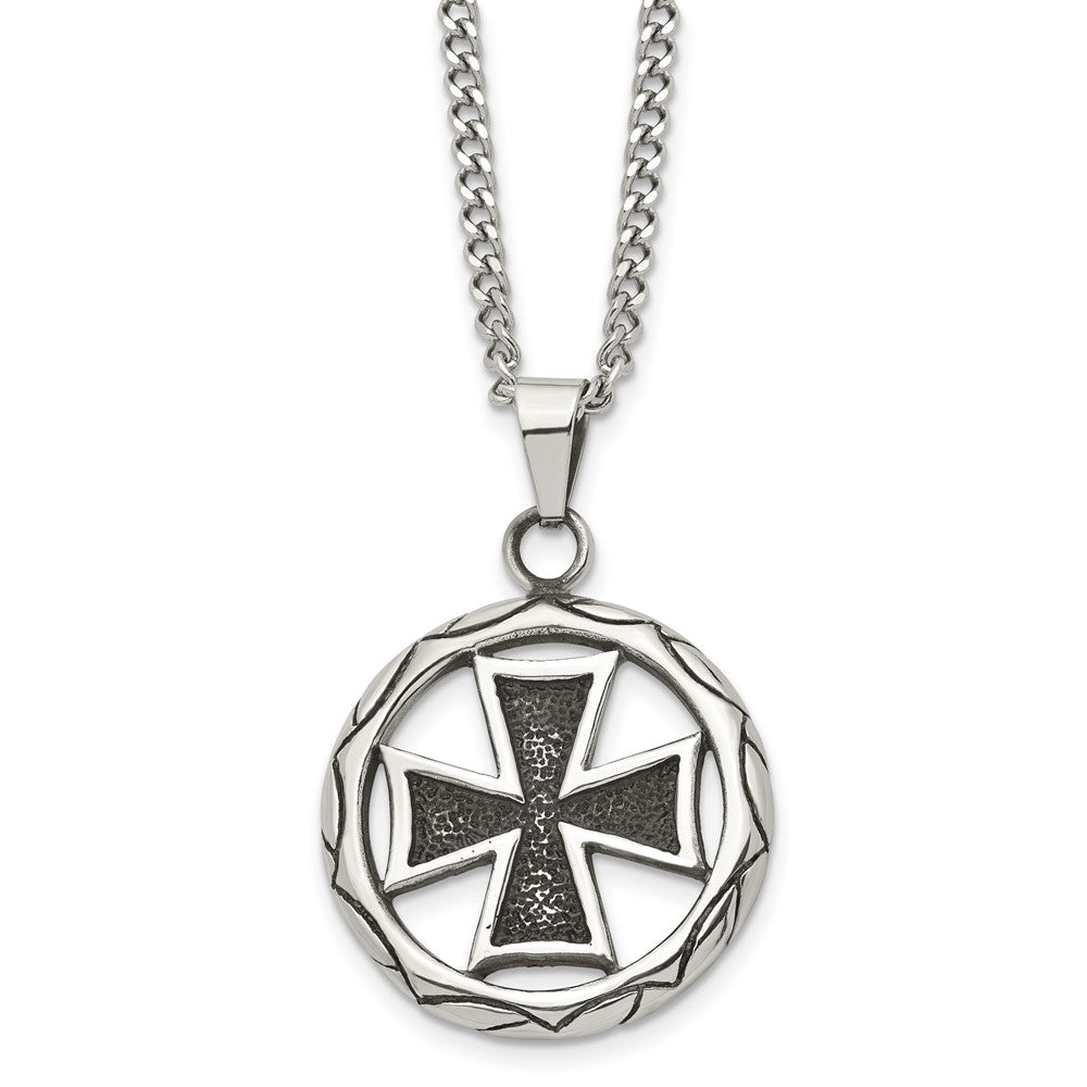 Stainless Steel Polished & Antiqued Cross in Circle 22in NecklaceSRN1037-22