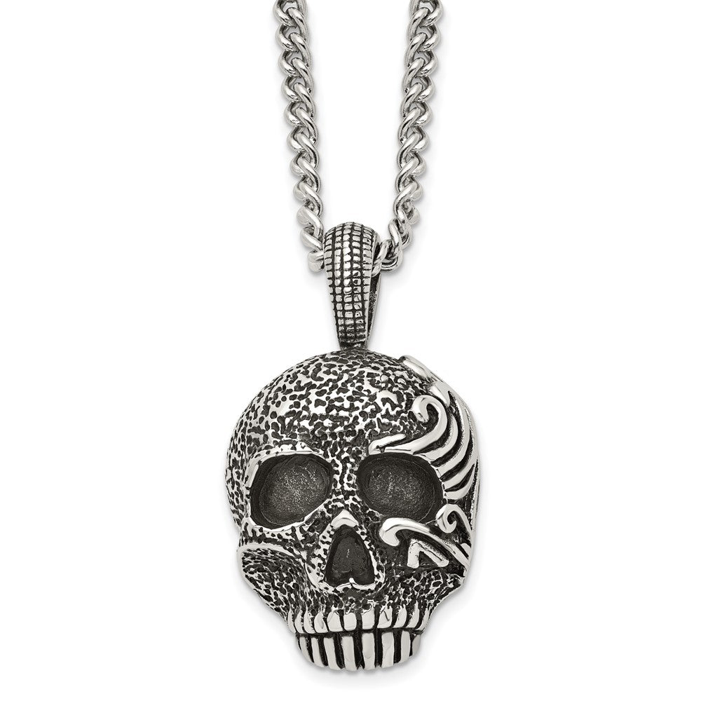 Stainless Steel Antiqued & Textured Skull 24in NecklaceSRN1042-24