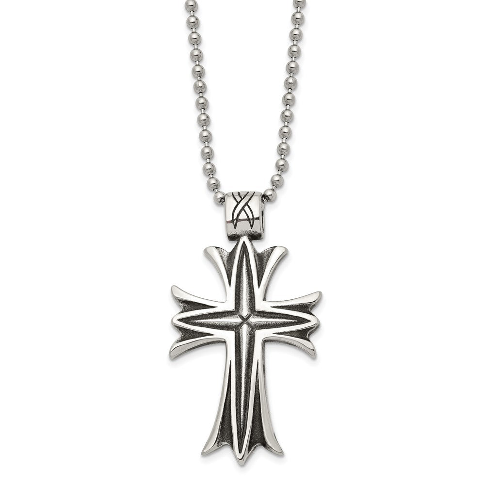 Stainless Steel Polished & Antiqued Cross 24in NecklaceSRN1044-24