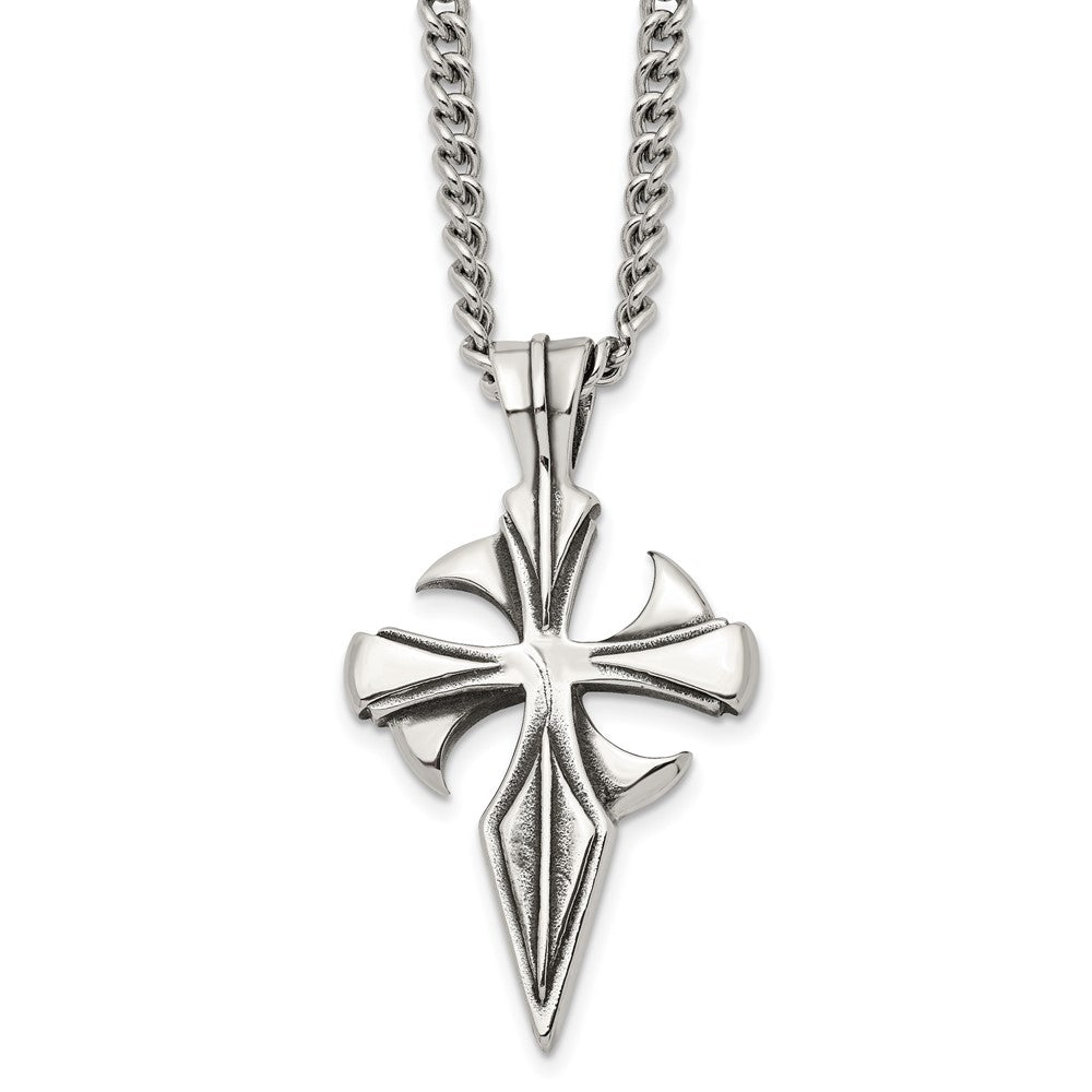 Stainless Steel Polished & Antiqued Dagger Cross 22in NecklaceSRN1045-22