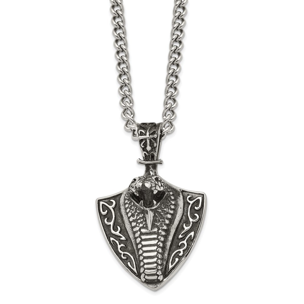 Stainless Steel Antiqued Snake on Shield 30in NecklaceSRN1052-30