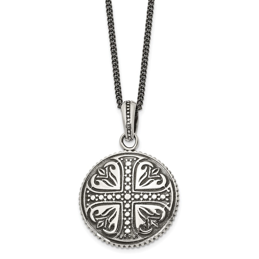 Stainless Steel Polished & Antiqued Cross Circle 22in NecklaceSRN1057-22