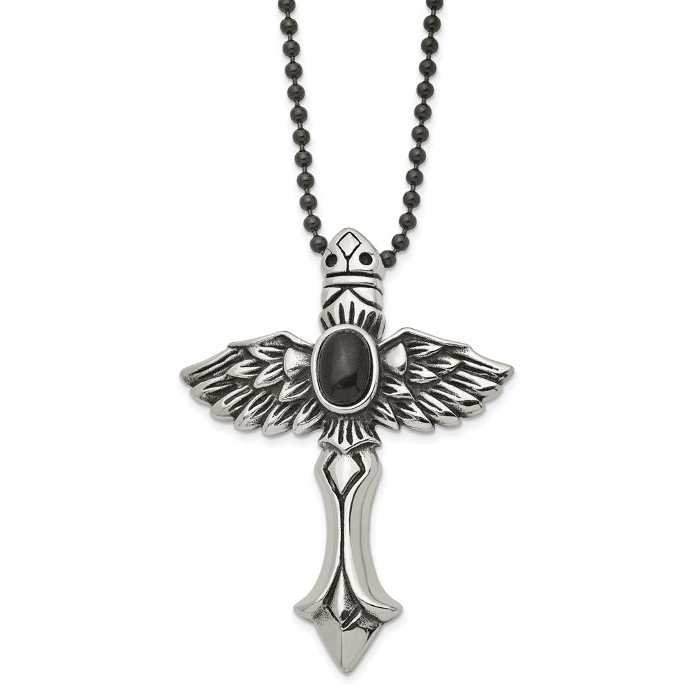 Stainless Steel Antiqued Cross w/Wings & Black Stone 24in NecklaceSRN1058-24