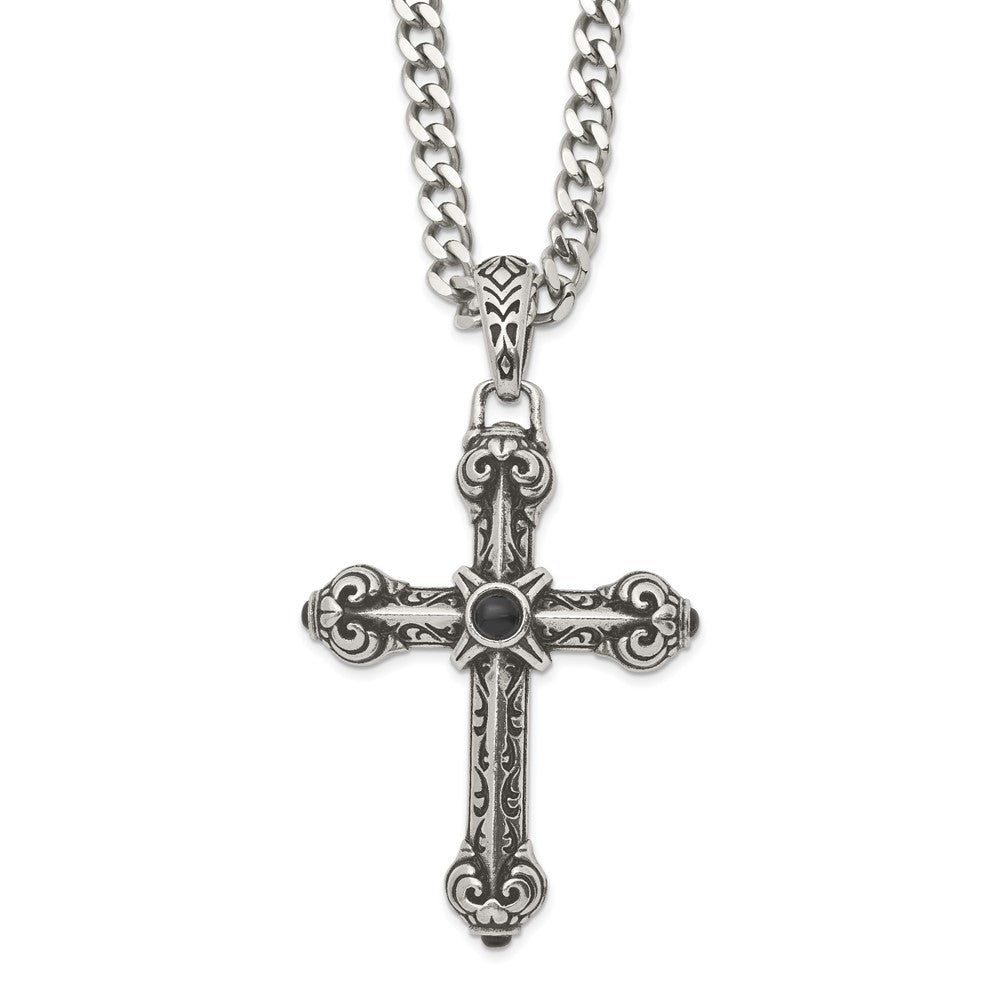 Stainless Steel Antiqued Cross w/Synthetic Black Agate 24in NecklaceSRN1059-24