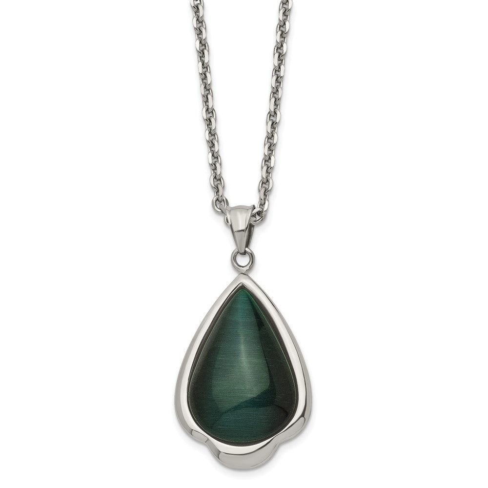 Stainless Steel Synthetic Green Cats Eye Teardrop 20in NecklaceSRN1060-20
