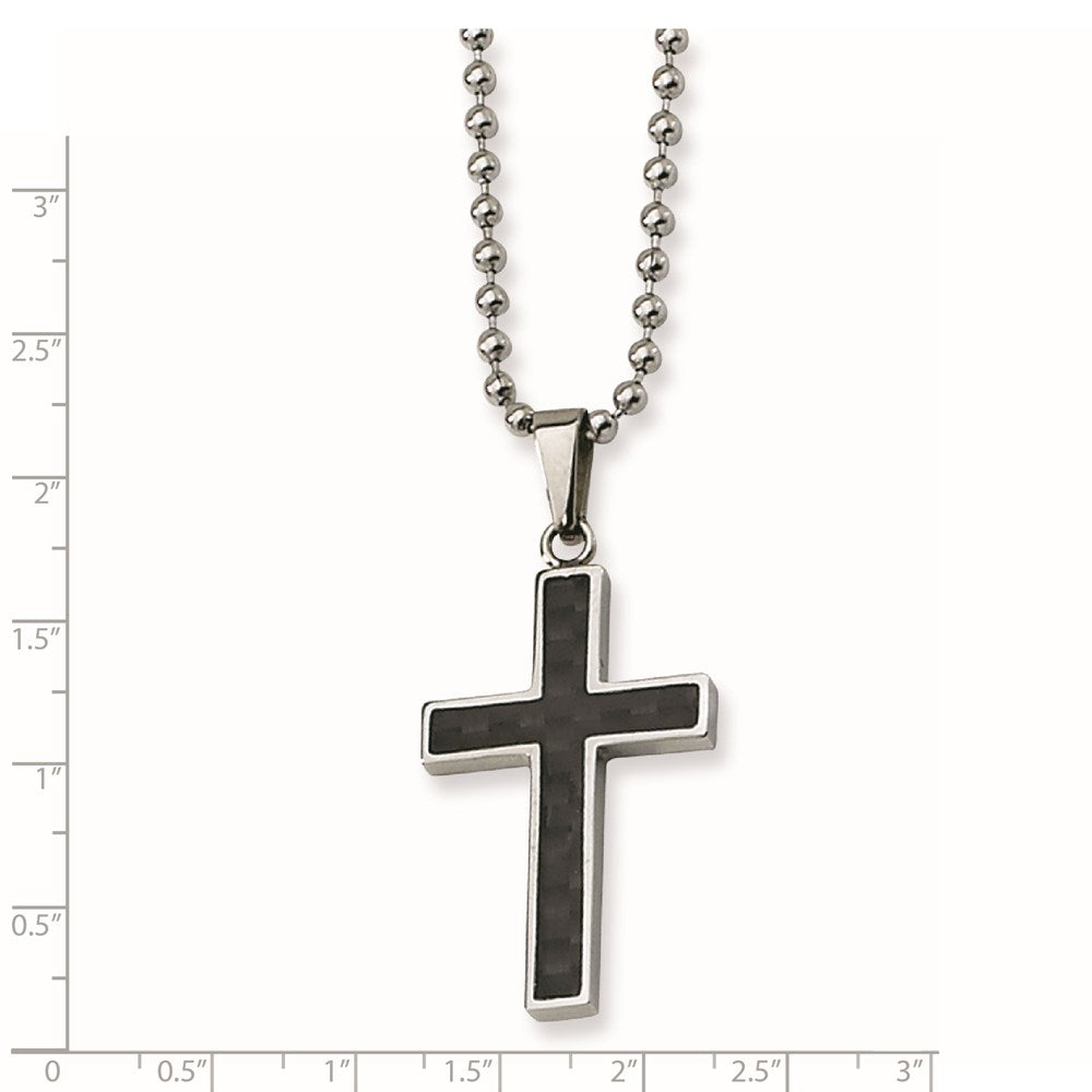 Stainless Steel Polished w/Carbon Fiber Inlay Cross 22in NecklaceSRN108-22