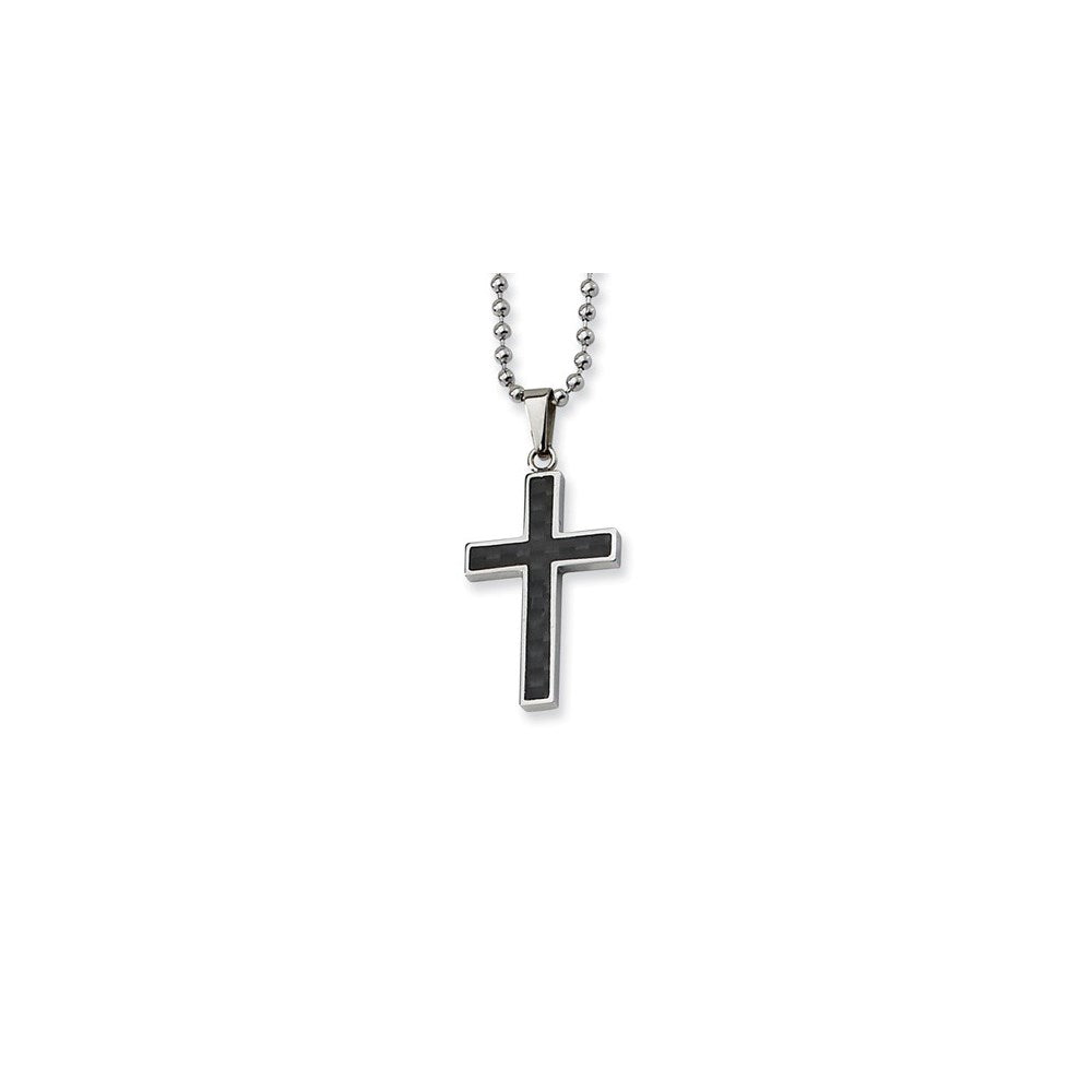 Stainless Steel Polished w/Carbon Fiber Inlay Cross 22in NecklaceSRN108-22