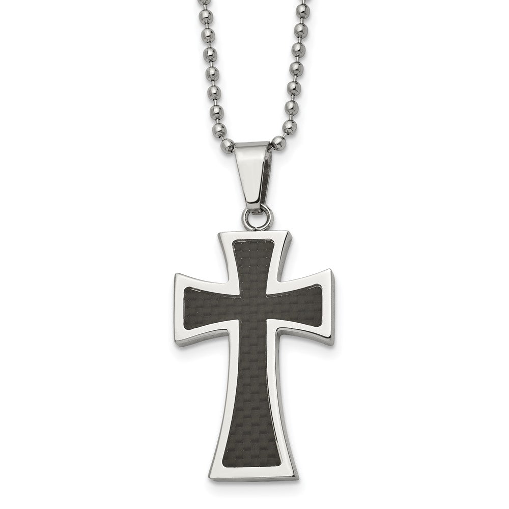 Stainless Steel Polished Carbon Fiber Inlay 22in Cross NecklaceSRN110-22