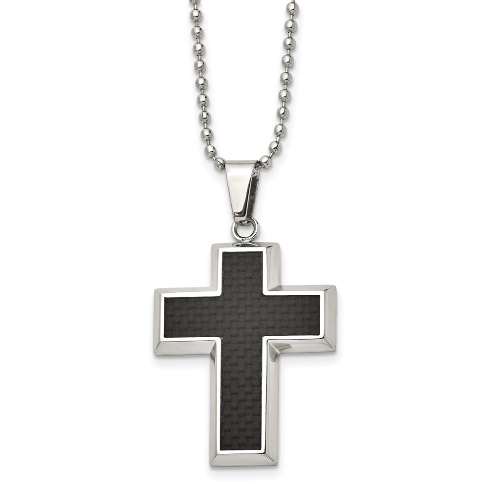 Stainless Steel Polished w/Carbon Fiber Inlay Cross 22in NecklaceSRN112-22