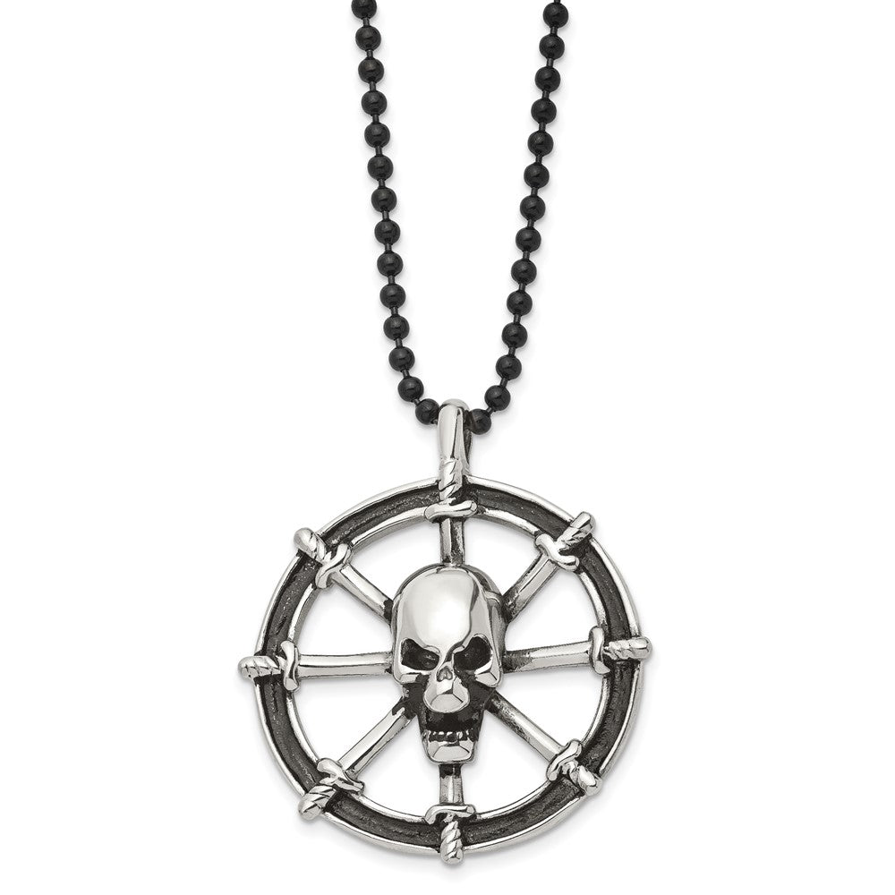 Stainless Steel Antiqued Pirates Wheel w/Skull 30in NecklaceSRN1121-30