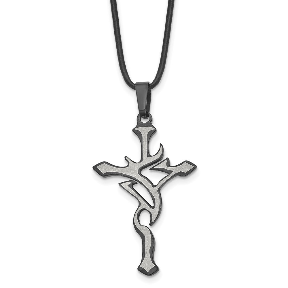 Stainless Steel Black Plated and Grey Accent Cross NecklaceSRN114-18
