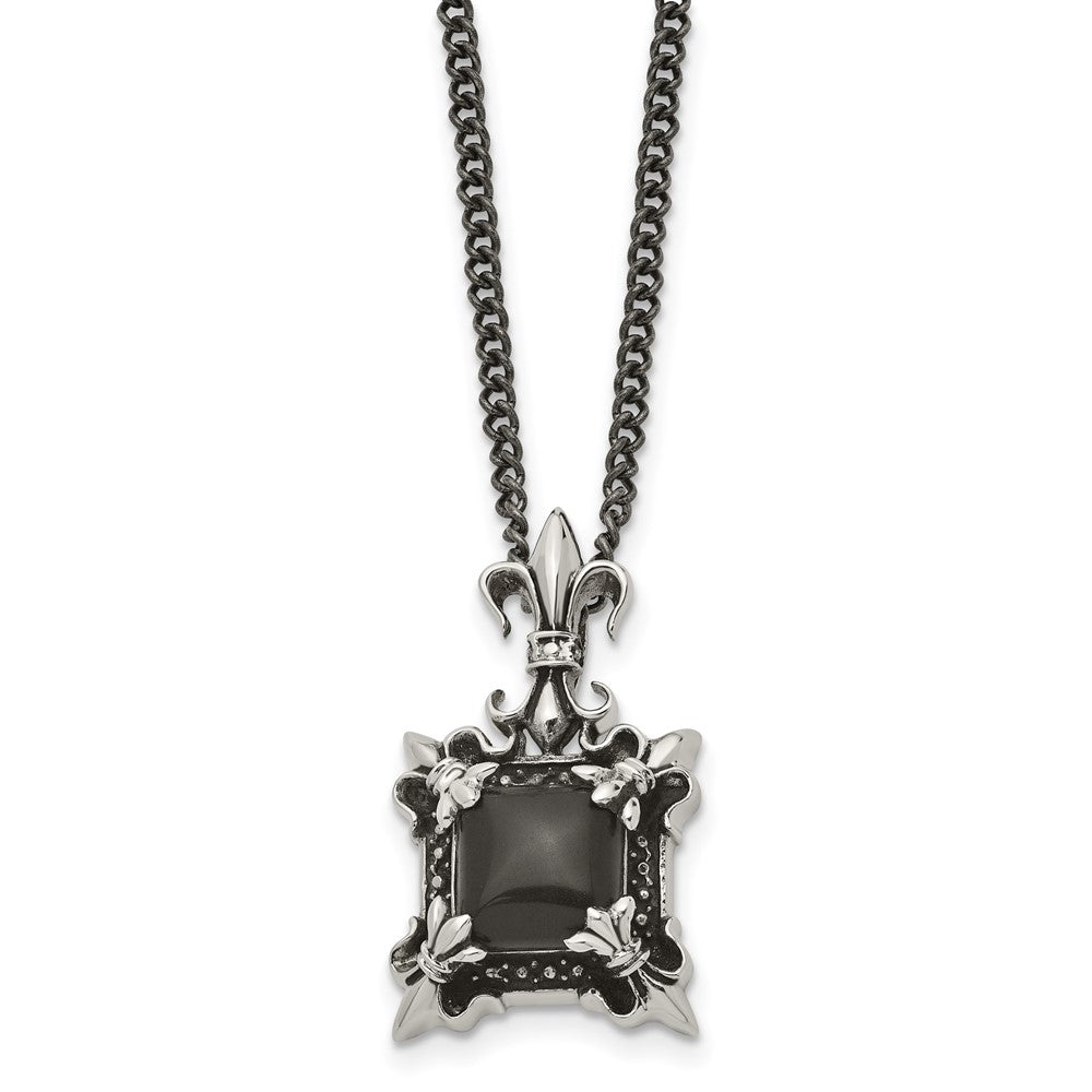 Stainless Steel Antiqued & Black Agate & Fleur de lis NecklaceSRN1140-20