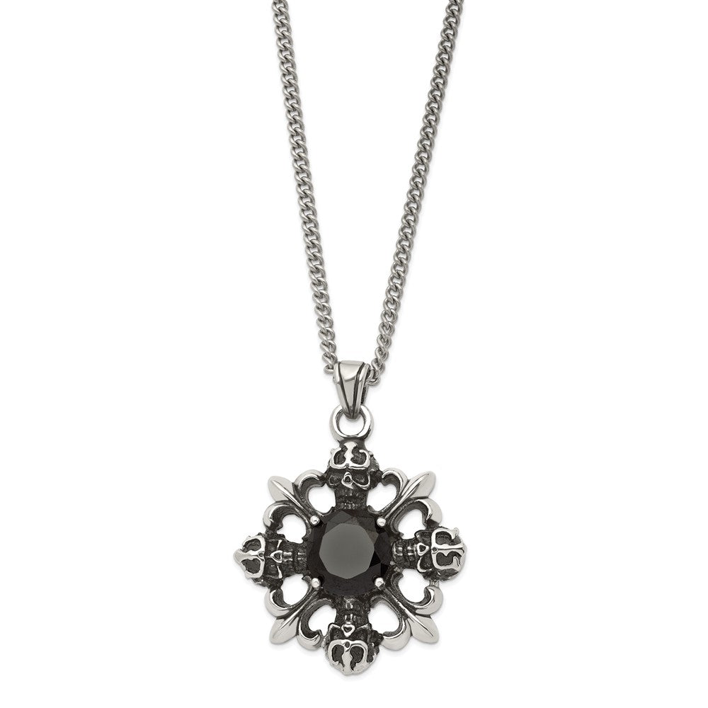 Stainless Steel Skulls & Fleur de lis w/Black CZ 22in NecklaceSRN1142-22