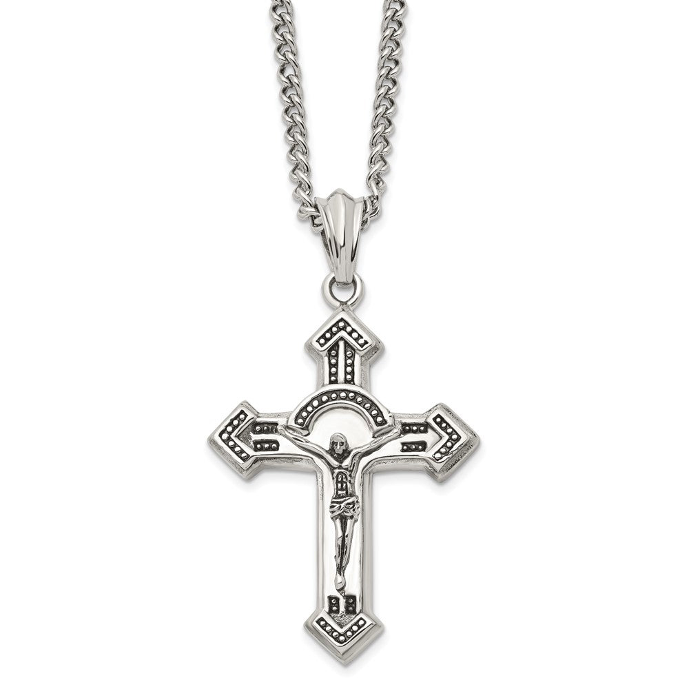 Stainless Steel Antiqued & Polished Crucifix 24in NecklaceSRN1158-24