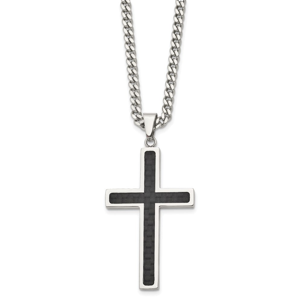 Stainless Steel Polished w/Black Carbon Fiber Cross 24in NecklaceSRN118-24