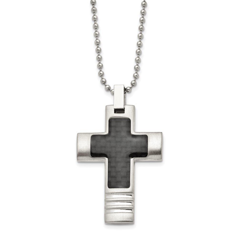 Stainless Steel Brushed & Polished w/Black CarbonFiber Inlay Cross NecklaceSRN119-22