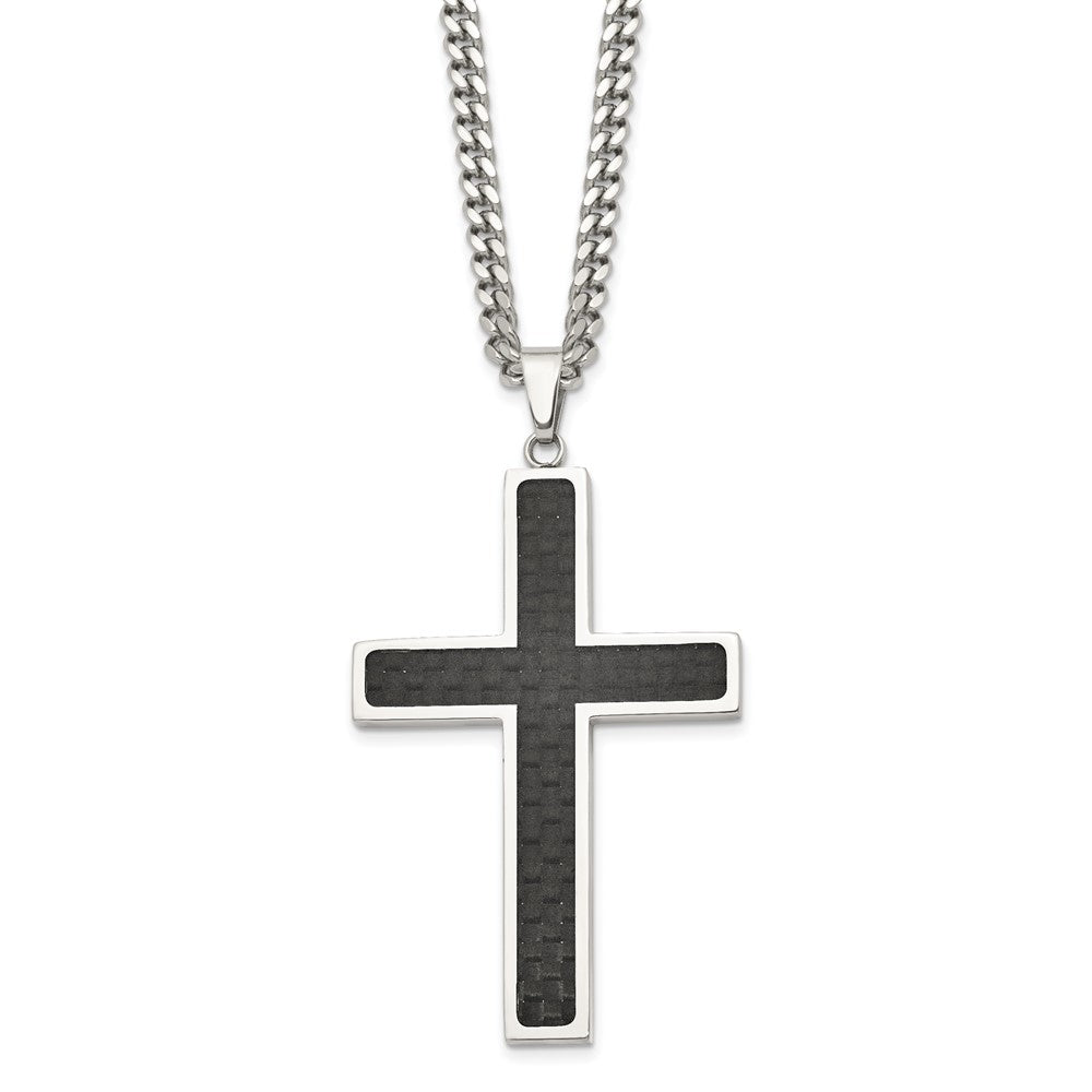 Stainless Steel Polished w/Black Carbon Fiber Cross 24in NecklaceSRN120-24