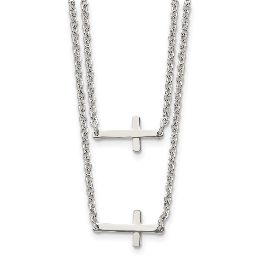Stainless Steel Double Sideways Crosses Layered NecklaceSRN1205-16.5