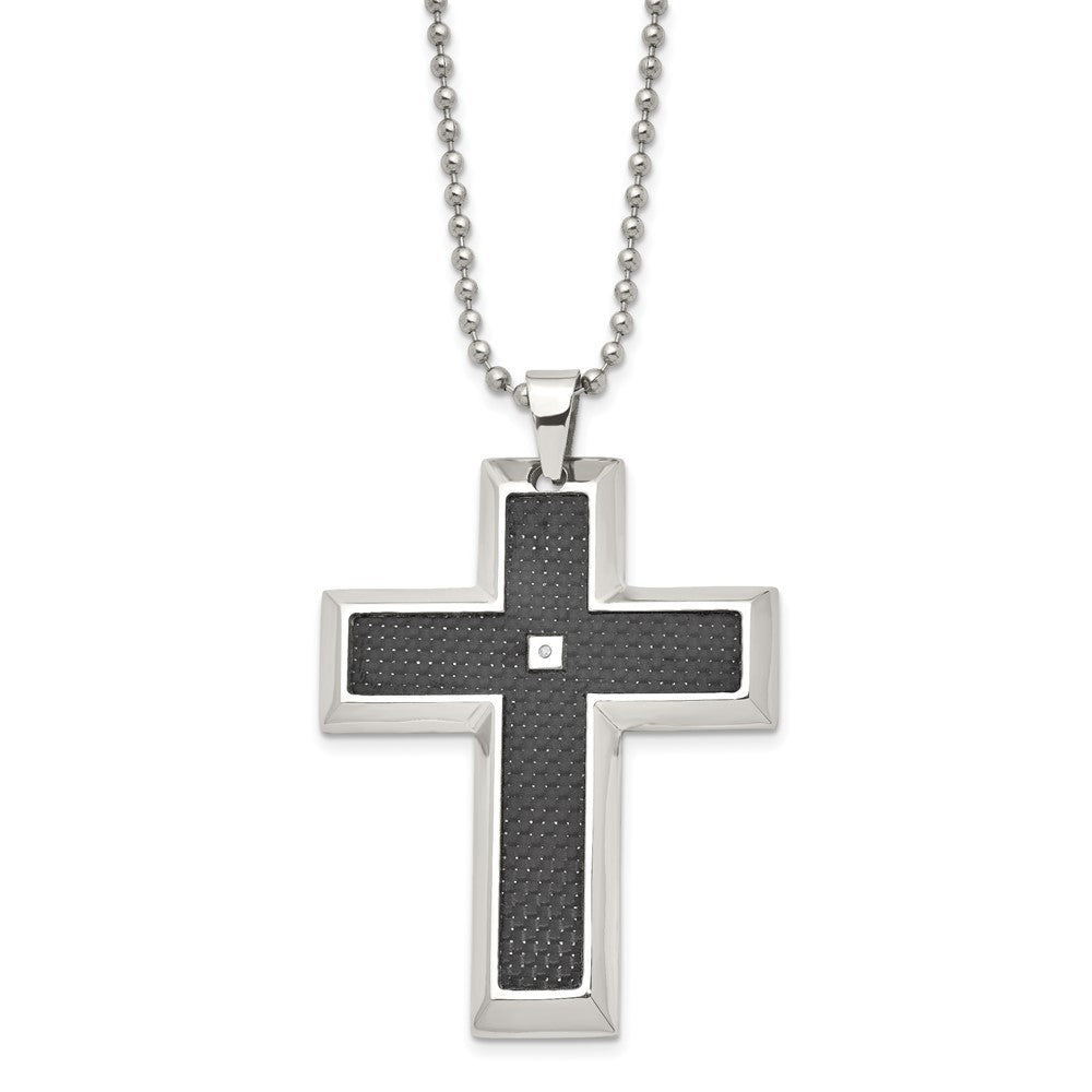 Stainless Steel Blk Carbon Fiber Inlay .01ct. Diamond Accent Cross NecklaceSRN122-24