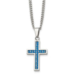 Load image into Gallery viewer, Stainless Steel Blue Carbon Fiber Inlay Polished Small Cross NecklaceSRN1301-20

