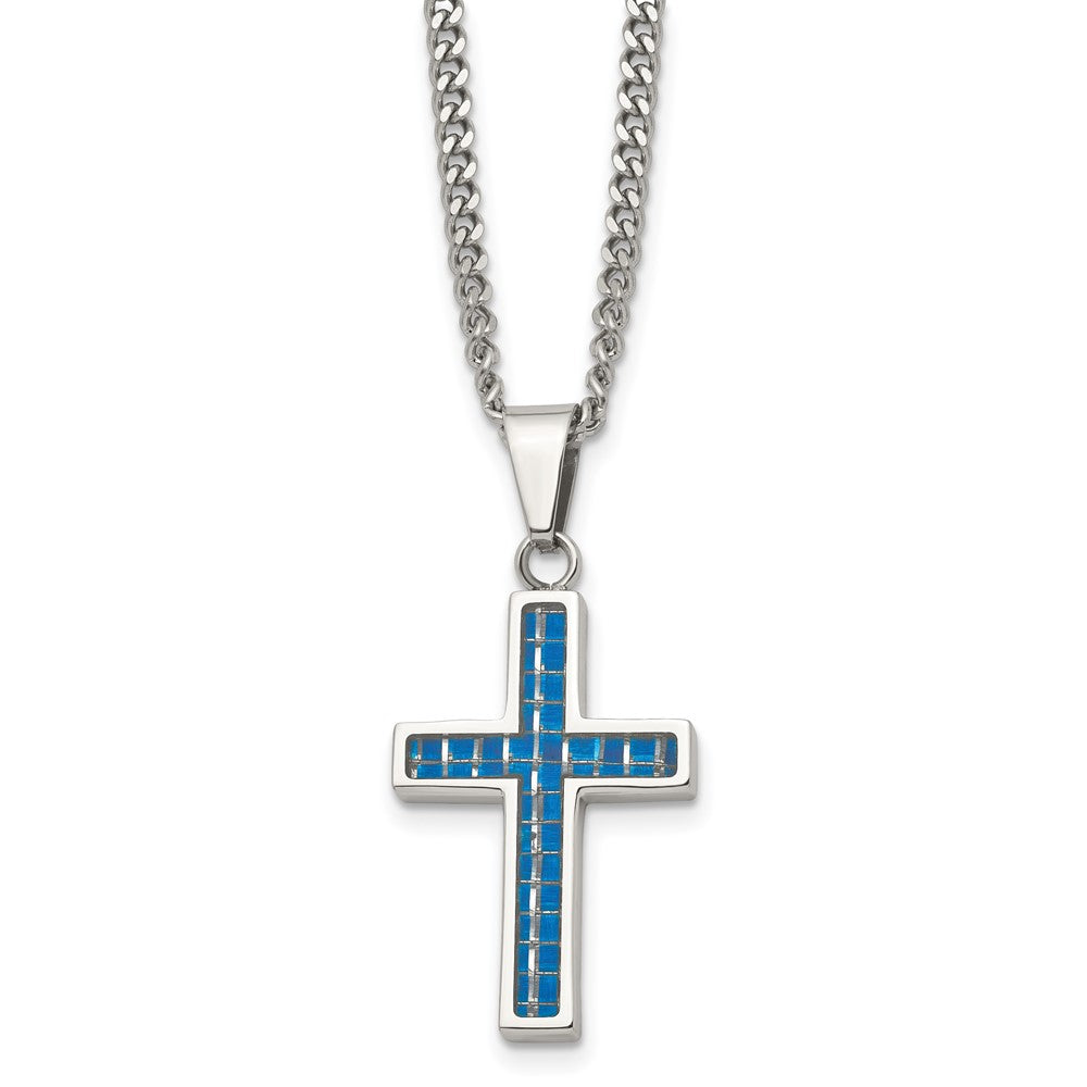 Stainless Steel Blue Carbon Fiber Inlay Polished Small Cross NecklaceSRN1301-20