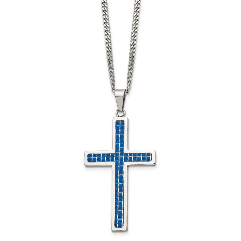 Stainless Steel Blue Carbon Fiber Inlay Polished Large Cross NecklaceSRN1302-22