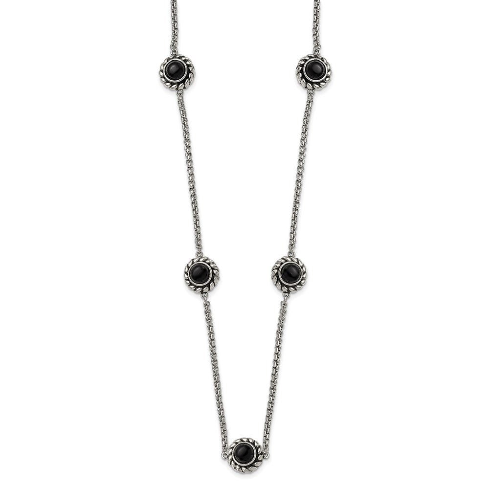 Stainless Steel CZ and Black Onyx Reversible with 3.5in extension NecklaceSRN1313-20