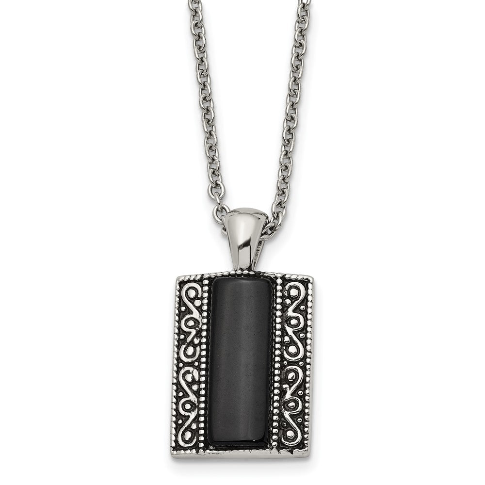 Stainless Steel Black Onyx Antiqued Rectangular NecklaceSRN1331-20