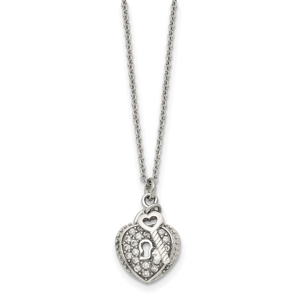 Stainless Steel CZ Heart Lock and Key Pendant NecklaceSRN1332-18