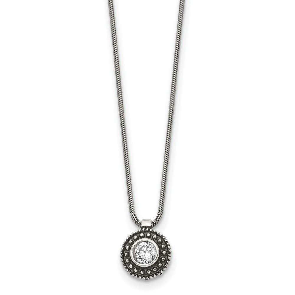 Stainless Steel CZ Antiqued Circle NecklaceSRN1334-18