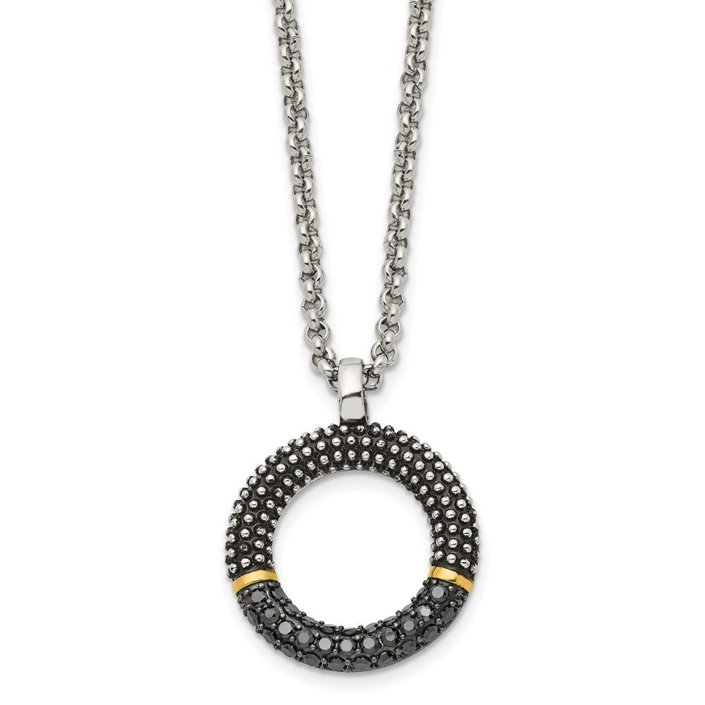 Stainless Steel Black CZ with Yellow IP-plated Antiqued Circle NecklaceSRN1339-18