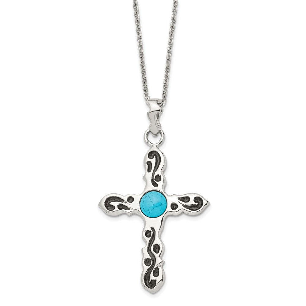 Stainless Steel Polished Imitation Turquoise Antiqued Cross NecklaceSRN1343-20