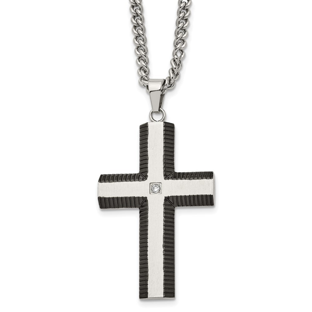 Stainless Steel Brushed and Polished Black IP-plated Cross with CZ NecklaSRN1347-22