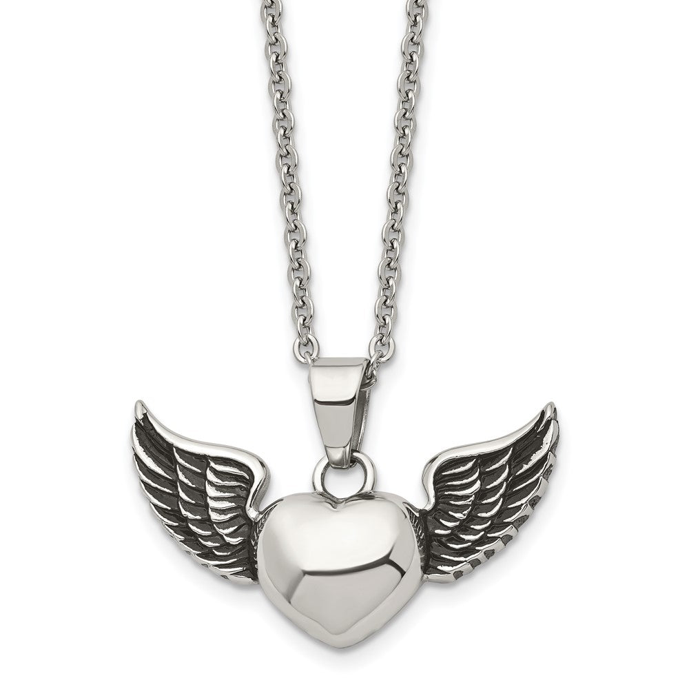 Stainless Steel Antiqued and Polished Heart with Wings NecklaceSRN1353-18
