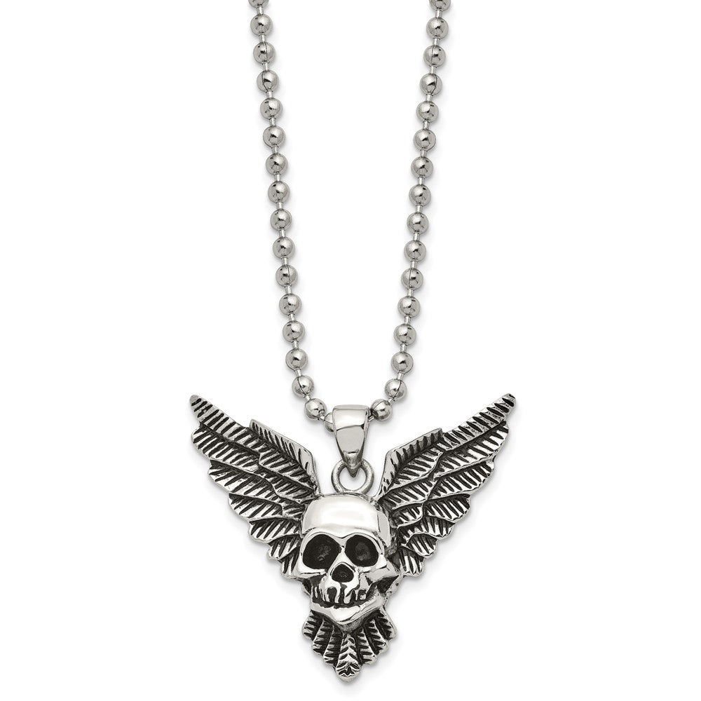 Stainless Steel Antiqued Skull with Wings Polished NecklaceSRN1364-22