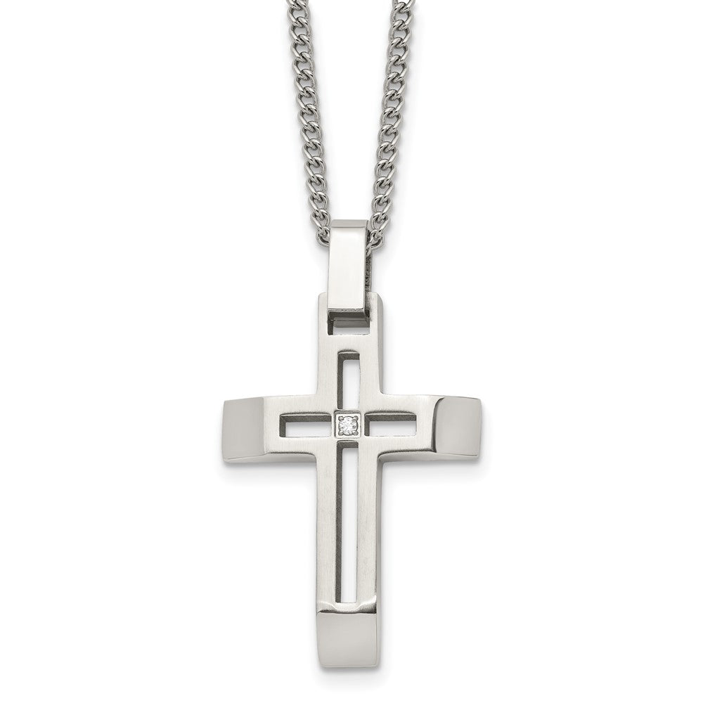 Stainless Steel Brushed and Polished Cross with CZ NecklaceSRN1368-22